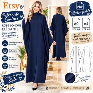 May include: A navy blue long-sleeved dress with a high collar and a front button closure. The garment features a loose, flowing silhouette with wide sleeves. The image includes text labels for a downloadable sewing pattern in A0 and A4 sizes.