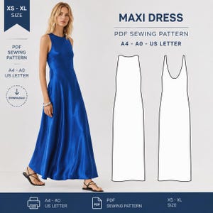 May include: A digital PDF sewing pattern for a sleeveless maxi dress in sizes XS to XL. The design features a floor-length, royal blue satin dress with a high neckline and a flared skirt. Includes technical line drawings for A4, A0, and US Letter.