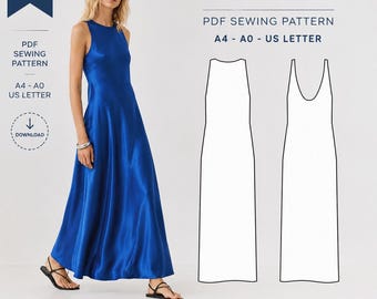 Sophia Blue Satin Maxi Dress Sewing Pattern PDF | Bias Cut Slip Dress Pattern-Elegant Sleeveless Evening-Bias Cut Slip Dress Pattern XS-XL