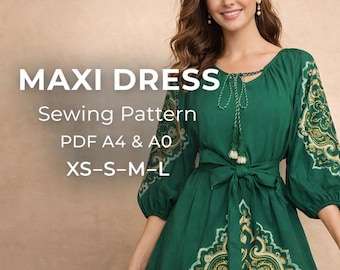Long Sleeve Maxi Dress Sewing Pattern PDF A4 A0 | Balloon Sleeves Dress | Gathered Neckline | Boho Ethnic Dress | Sizes XS–S–M–L
