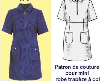 May include: A blue dress with short sleeves, a collar, and a zipper. The dress has two front pockets and is labeled "swing pattern" and "A4/US Letter/A0". A line drawing of a similar dress is also shown, with the text "Patron de couture pour mini robe trapèze à col".