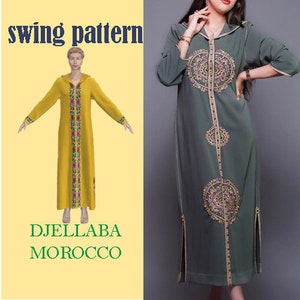 Può includere: Sono mostrati due abiti Djellaba. Uno è giallo senape con un disegno floreale sul davanti e sulle maniche. L'altro è verde oliva scuro con ricami dorati e una cerniera frontale. Sono visibili anche le parole "swing pattern" e "Djellaba Morocco".
