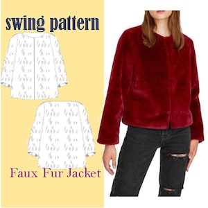 以下が含まれることがあります： 「swing pattern」と「Faux Fur Jacket」の文字が書かれた白いフェイクファーのジャケットの縫製パターン。赤いフェイクファーのジャケットがモデルに着せられています。