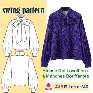 Può includere: Immagine di un modello di camicetta bianca e una camicetta viola con un motivo nero. Il testo "swing pattern" è in alto a sinistra. Il testo "Blouse Col Lavallière à Manches Bouffantes" è in basso a destra. Il modello è per A4/US Letter/A0.