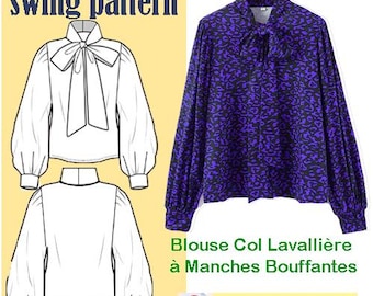 Women's Blouse PDF Pattern – Lavallière Collar & Puff Sleeves – Elegant Printable Sewing Pattern – Sizes S-M-L-XL