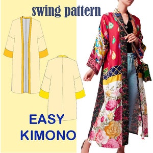 Puede incluir: Un patrón de costura para un kimono fácil con estilo swing. El patrón se ilustra con un kimono amarillo con forro gris y ribete amarillo. La imagen también muestra un kimono colorido con patrones florales y geométricos.