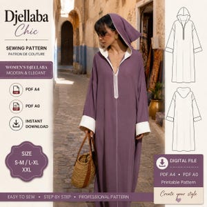 Amina Hooded Djellaba Sewing Pattern PDF | Moroccan Kaftan Pattern | A4 & A0 Instant Download | Sizes S-XXL | Digital PDF