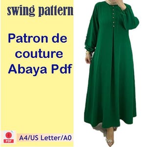 Może przedstawiać: Wzór szycia zielonej sukienki typu swing w stylu abaya. Wzór jest dostępny w rozmiarach A4, US Letter i A0. Tekst "swing pattern" i "Patron de couture Abaya Pdf" jest wyświetlany na żółtym tle.