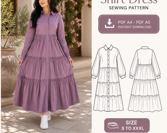 PDF sewing pattern for a ruffled shirt dress | Long dress with buttons down the front | A4 and A0 formats