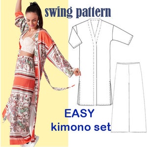 Könnte beinhalten: Eine Frau trägt ein passendes Kimono-Set mit einem floralen und geometrischen Muster in Orange, Weiß und Grün. Die Worte "swing pattern" und "EASY kimono set" sind in blauer Schrift dargestellt. Eine Strichzeichnung des Kimonos und der Hose ist ebenfalls zu sehen.