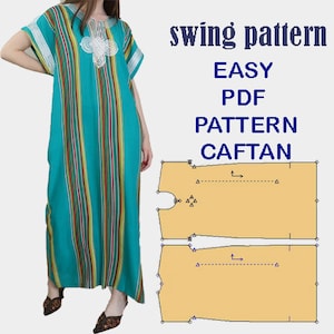 Op de afbeelding: Een naaipatroon voor een kaftan, met de tekst "swing pattern easy PDF pattern caftan". Het patroon is weergegeven op een lichtoranje achtergrond met zwarte lijnen en pijlen die aangeven waar te knippen en te naaien. Het patroon is te zien naast een vrouw die een blauwe en gele gestreepte kaftan draagt.