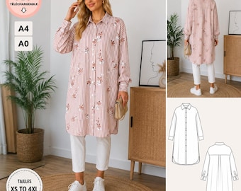 Long Shirt Dress Sewing Pattern pdf |knee Length Button-Up Tunic Pattern | women's shirt dress xs---4xl | A4, A0 | instant download