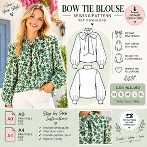 Peut inclure: Un patron de couture numérique pour un chemisier à col lavallière avec un motif floral vert et blanc. L'image présente un dessin technique du devant et du dos du chemisier, des tailles XS à XL, et des formats PDF imprimables A0 et A4.