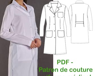 PDF-Sewing Pattern /Women&#39;s White Alpaca Long Sleeve Medical Lab Coat, Medical Uniform Size XS-----XXL/Medical Nurse Coat