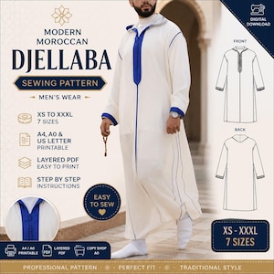 PDF-mönster för djellaba för män/ Herrkaftan/Marockansk kaftan/Marockansk djellaba/Traditionell elegans/Ladda ner 6 storlekar (S-3XL) (pdf-A4/A0)