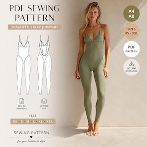 Peut inclure: Un patron de couture PDF pour une combinaison à fines bretelles. L'image montre une femme portant une combinaison verte et deux dessins au trait du vêtement. Le texte comprend les tailles XS-XXL, A0/A4 imprimable et téléchargement instantané.