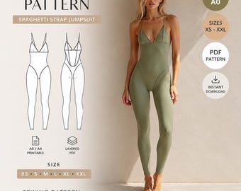 Women's Jumpsuit PDF Pattern - Bodycon Jumpsuit with Thin Straps / DIY Sewing / Size S to XXL / Summer Jumpsuit Sewing / Instant Download