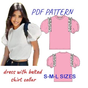 Peut inclure: Un patron PDF pour un haut à manches bouffantes et volants, montrant un haut blanc porté par une personne et des dessins techniques roses du devant et du dos. Le texte indique PDF PATTERN, dress with belted shirt collar, et S-M-L SIZES.