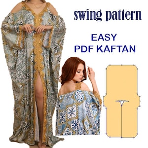 May include: A sewing pattern for an easy PDF kaftan. The pattern is shown on a light blue and white patterned kaftan with a gold trim. The pattern is labelled "swing pattern" and "easy PDF kaftan".
