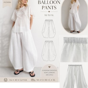 Peut inclure: Un patron de couture PDF pour un pantalon ballon blanc avec une taille élastique. L'image affiche le texte BALLOON PANTS, XS TO XL, et A MODERN ESSENTIAL WITH COMFORT AND STYLE. Il comprend des dessins techniques et des photos du pantalon.