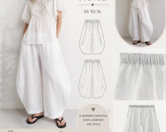 Lina Balloon Pants Sewing Pattern PDF,Wide Leg Harem Pants, Elastic Waist Trousers, pdf A0-A4 Instant Download-No sewing instructions