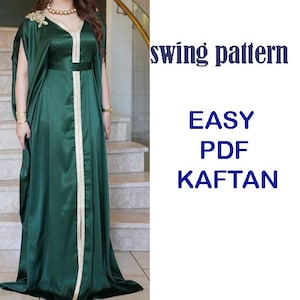 Op de afbeelding: Een groene kaftan met gouden bies en een V-hals. De tekst "swing pattern EASY PDF KAFTAN" staat in de afbeelding.