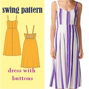 Op de afbeelding: Een lijntekening van een gele jurk met knopen en bandjes. De tekst "swing pattern" en "dress with buttons" staat aan de linkerkant van de afbeelding. Aan de rechterkant van de afbeelding is een foto van een vrouw die een paars-wit gestreepte jurk met knopen draagt.