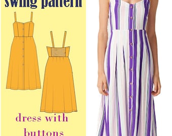 May include: A line drawing of a yellow dress with buttons and straps. The text "swing pattern" and "dress with buttons" is on the left side of the image. On the right side of the image is a photo of a woman wearing a purple and white striped dress with buttons.
