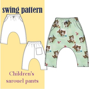 Può includere: Un cartamodello per pantaloni sarouel per bambini. Il cartamodello include una versione base bianca e una versione verde con una stampa di gatto. Il testo "swing pattern" è in alto nell'immagine e "Children's sarouel pants" è in basso.