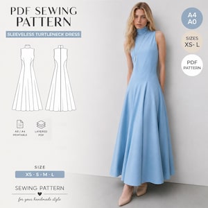 Może przedstawiać: Jasnoniebieska sukienka bez rękawów z golfem. Obraz zawiera wzór szycia PDF ze schematami sukienek, opcjami rozmiarów (XS-L) oraz tekst „PDF Sewing Pattern” i „Sleeveless Turtleneck Dress”.