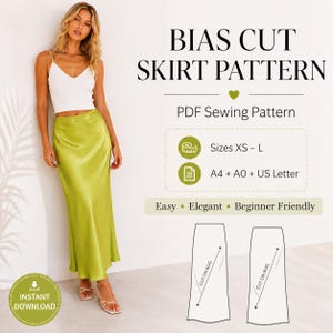 Peut inclure: Une femme porte un haut blanc et une longue jupe à coupe biais vert chartreuse. L'image contient le texte "BIAS CUT SKIRT PATTERN" et "PDF Sewing Pattern". Il indique également les tailles XS-L et A4 + AO + US Letter. Le design est décrit comme "Easy, Elegant, Beginner Friendly."