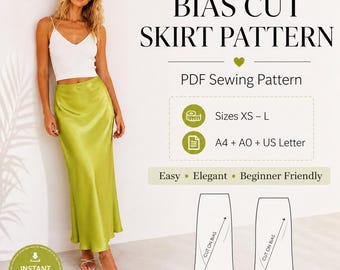 Isla Bias Cut Midi Skirt PDF Pattern – Elegant Satin Slip Skirt Sewing Pattern XS–L – Instant Download A4 & A0