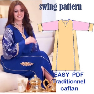 May include: A sewing pattern for a traditional caftan with a swing style. The pattern is shown in pink and yellow on a white background. The text "EASY PDF Traditional caftan" is below the pattern.