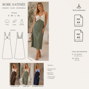 Peut inclure: Un patron de couture numérique pour une robe nuisette midi bicolore avec un décolleté en V, un corsage froncé et de fines bretelles réglables. Le patron inclut des croquis techniques, des tailles du S au XL et des fichiers PDF en A4 et A0.