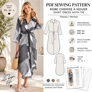 May include: A PDF sewing pattern for a shirt dress with a tie, featuring a black and white geometric print. The pattern includes technical line drawings of the front and back, size options TS-M-L, and instructions in English and French.