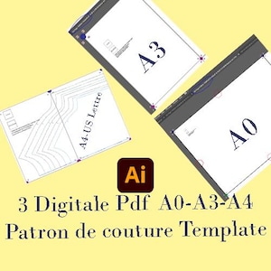 Puede incluir: Tres plantillas de patrones de costura digitales en formato PDF de Adobe Illustrator para los tamaños A0, A3 y A4. Las plantillas se muestran como hojas de papel blancas con el tamaño etiquetado en texto azul.
