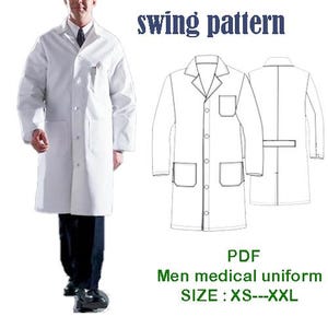 Può includere: Un camice da laboratorio bianco con un modello swing. Il camice ha maniche lunghe, un colletto e una chiusura con bottoni. Il modello include una vista frontale e una vista posteriore. PDF Uniforme medica per uomo TAGLIA: XS-XXL