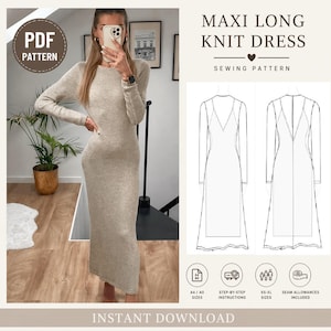 May include: A beige maxi long knit dress. The dress has long sleeves and a fitted silhouette. The image also includes a sewing pattern with diagrams and text that reads "MAXI LONG KNIT DRESS" and "SEWING PATTERN". The pattern includes A4/AD sizes, step-by-step instructions, XS-XL sizes, and seam allowances.