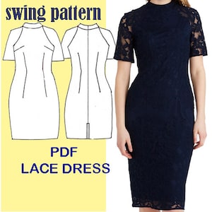 May include: A PDF sewing pattern for a lace dress with a swing silhouette. The pattern includes a front and back view of the dress.