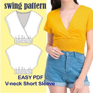 Peut inclure: Un patron de couture pour un haut à manches courtes et col en V avec une taille froncée. Le patron est intitulé "swing pattern" et "easy PDF".