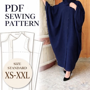 May include: A navy blue, button-down garment with a matching head covering. The image includes a PDF sewing pattern with the text "PDF SEWING PATTERN" and "SIZE STANDARD XS-XXL". The garment is worn with black heels.
