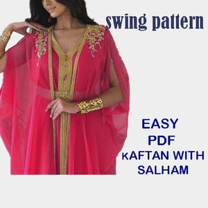 Peut inclure: Une kaftan rose avec des broderies et des bordures dorées. Le texte "swing pattern" et "EASY PDF KAFTAN WITH SALHAM" est visible sur l'image.