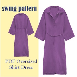 May include: A purple oversized shirt dress sewing pattern. The pattern is for a loose-fitting, swing style dress with a collar and a tie belt. The text "swing pattern" and "PDF Oversized Shirt Dress" is printed on the image.
