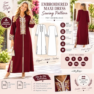 May include: A digital sewing pattern for a burgundy maxi dress with long sleeves and white floral embroidery along the neckline and cuffs. The PDF download includes A0 and A4 printable sizes, step-by-step instructions, and sizes from TS to XXXL.