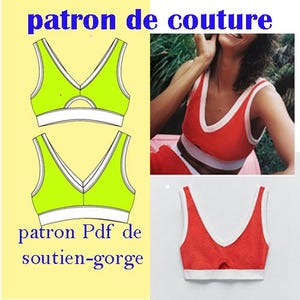 Peut inclure: Patron de couture pour un soutien-gorge avec un détail découpé. Le patron est présenté en deux versions, une en vert et une en rouge. Le texte sur l'image est "patron de couture" et "patron Pdf de soutien-gorge".