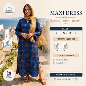 Peut inclure: Une femme porte une robe longue bleue ornée d'un motif géométrique orange. La robe a des manches longues et une fente latérale. Le texte "MAXI DRESS" et "SEWING PATTERN" est visible. Disponible en tailles XS, S, M et L.