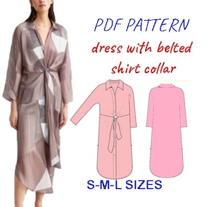 May include: PDF sewing pattern for a dress with a belted shirt collar. The pattern includes instructions for sizes S, M, and L. The dress is shown in pink.