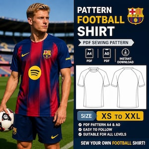 Peut inclure: Un patron de couture numérique pour un maillot de football, présentant un maillot à rayures bleues et rouges avec un logo jaune, un emblème Spotify et un écusson. Le graphique inclut des dessins techniques du maillot, des tailles XS à XXL, et des indications pour les formats PDF A4 et A0 en téléchargement immédiat.