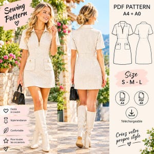 Peut inclure: Une robe beige à manches courtes avec fermeture éclair frontale, col et deux poches avant. L'image inclut un dessin technique de la robe, le texte Sewing Pattern, PDF PATTERN A4 + A0, et Size S - M - L.