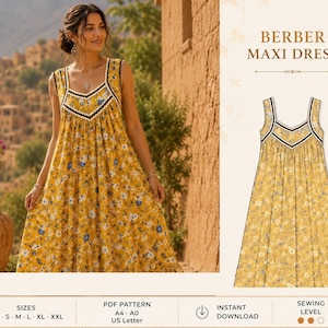 Peut inclure: Une robe longue jaune à motif floral avec des fleurs bleues et blanches. La robe présente une encolure carrée avec une bordure noire et blanche. Le texte BERBER MAXI DRESS est affiché au-dessus d'une illustration technique de la robe.